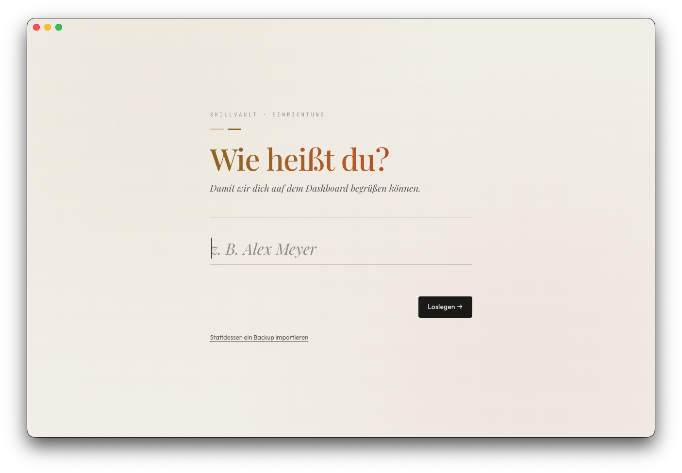 Bildschirmfoto der SkillVault Startseite auf einem Notebook, sichtbar sind die Überschrift, die drei Ebenen Positionen, Tätigkeiten und Fähigkeiten sowie eine Vorschau einer erzeugten Bewerbungsmappe.
